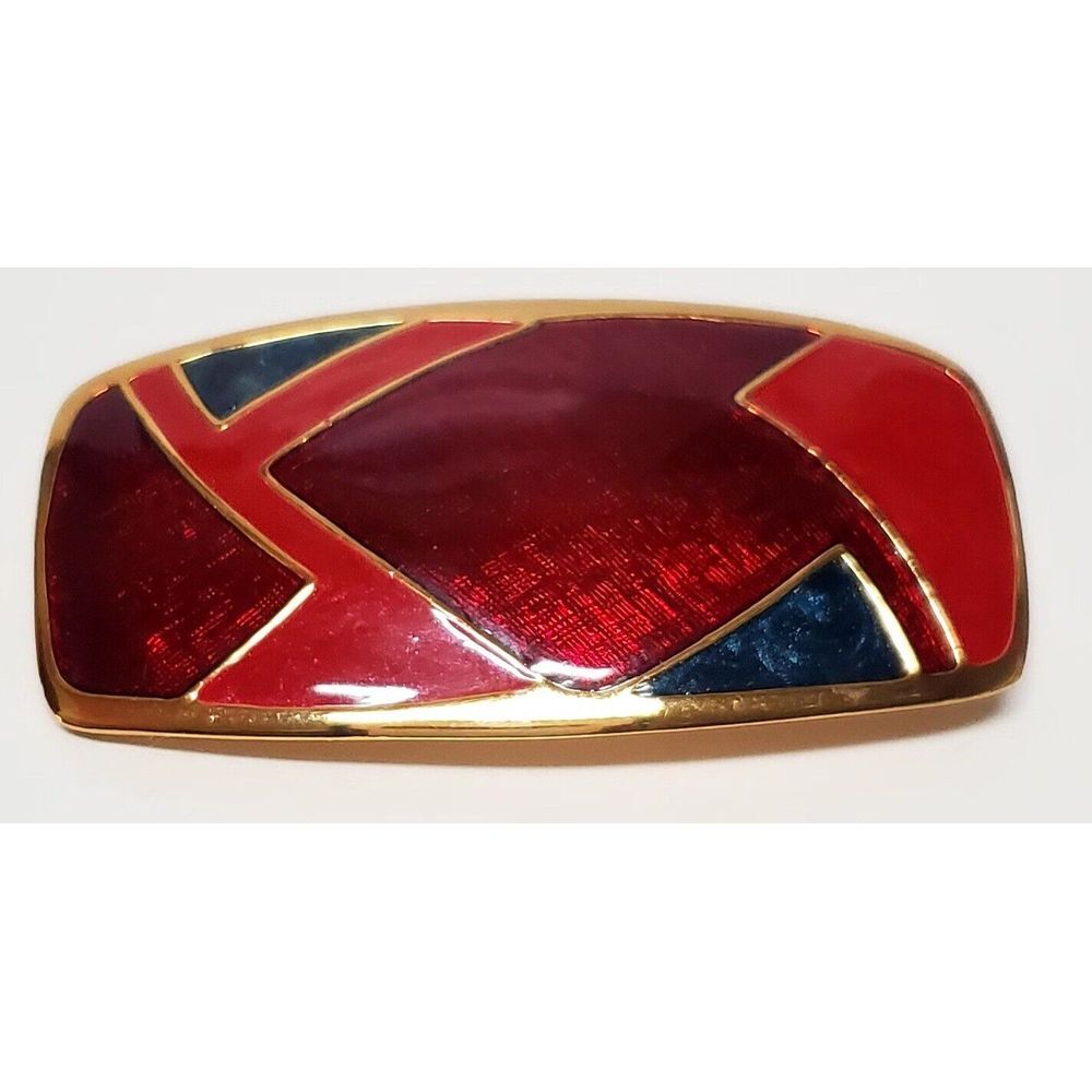 VTG Brooch Enameled Cloisonne 1980's Red Teal Gold Rectangle Pattern Pin